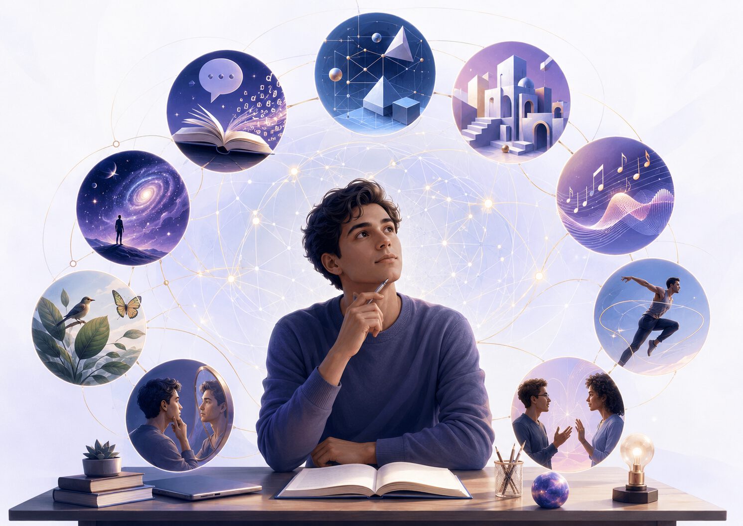 Illustratie van de verschillende soorten intelligentie volgens Gardner, waaronder taal, logica, muziek, ruimtelijk inzicht, beweging, zelfkennis, sociale intelligentie en natuurgerichte intelligentie.