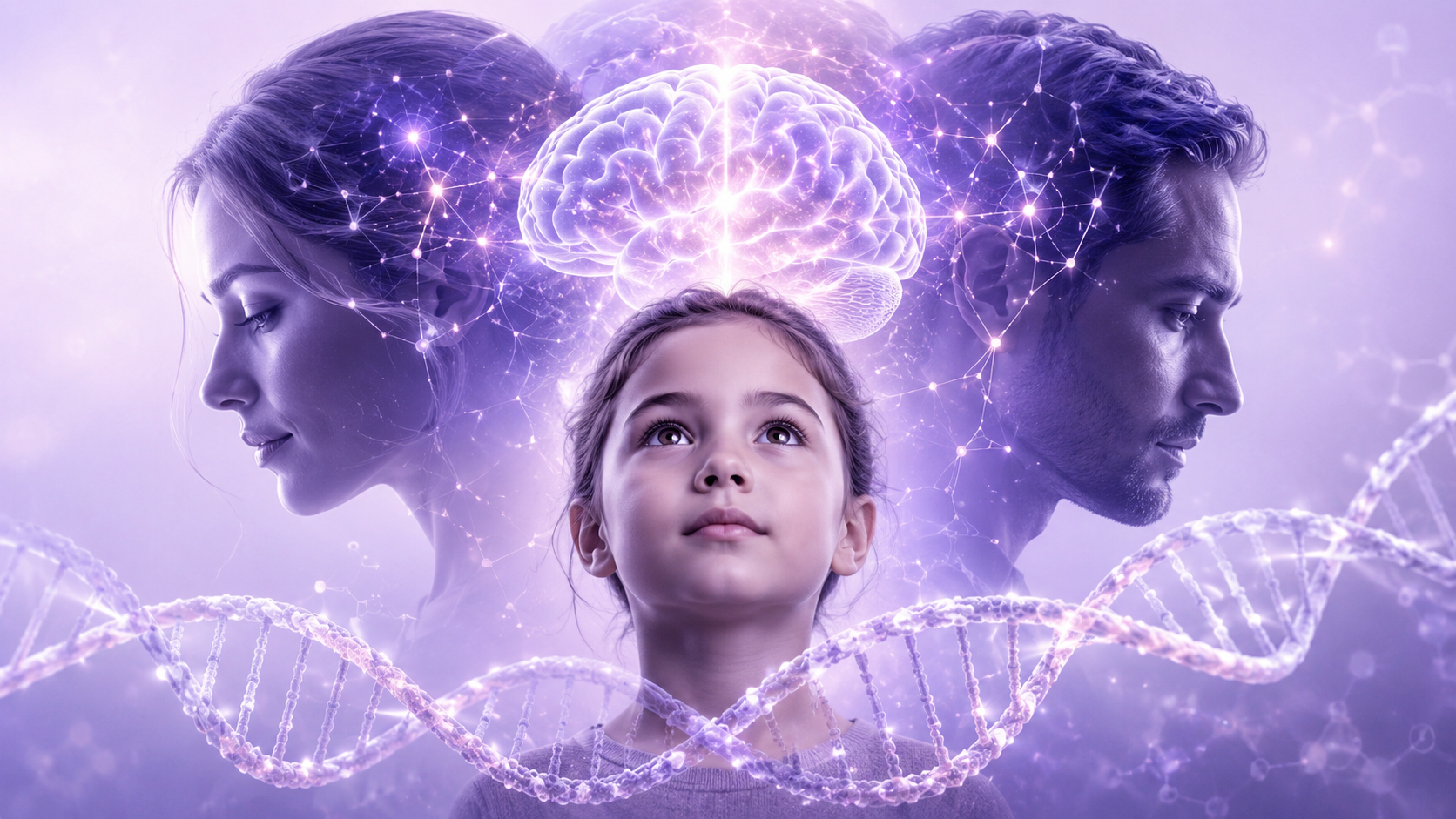 Kind tussen vader en moeder met DNA en hersenen als symbool voor erfelijkheid van intelligentie
