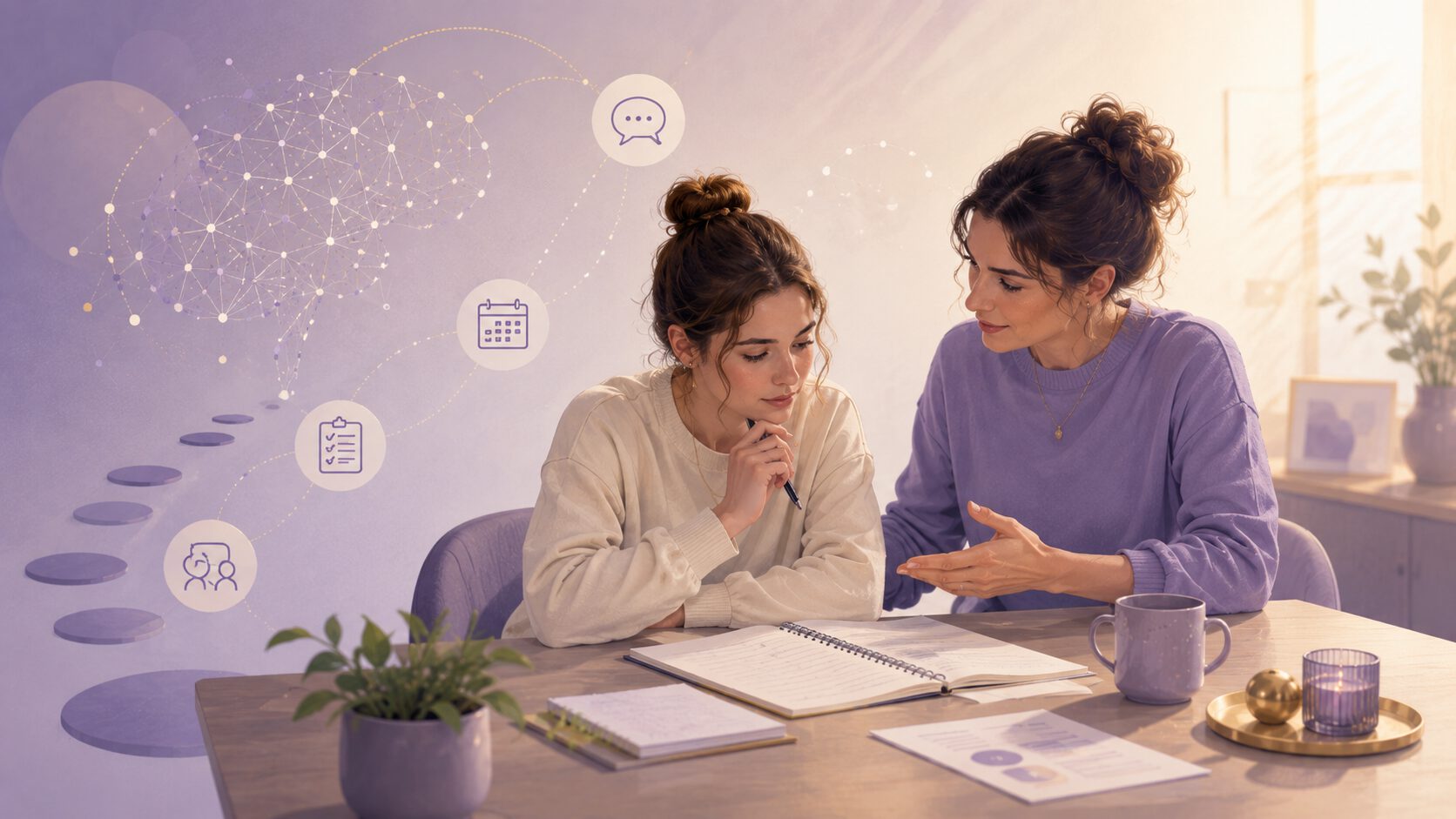 Illustratie van een jonge vrouw die met begeleiding werkt aan planning en dagelijkse vaardigheden bij zwakbegaafdheid.