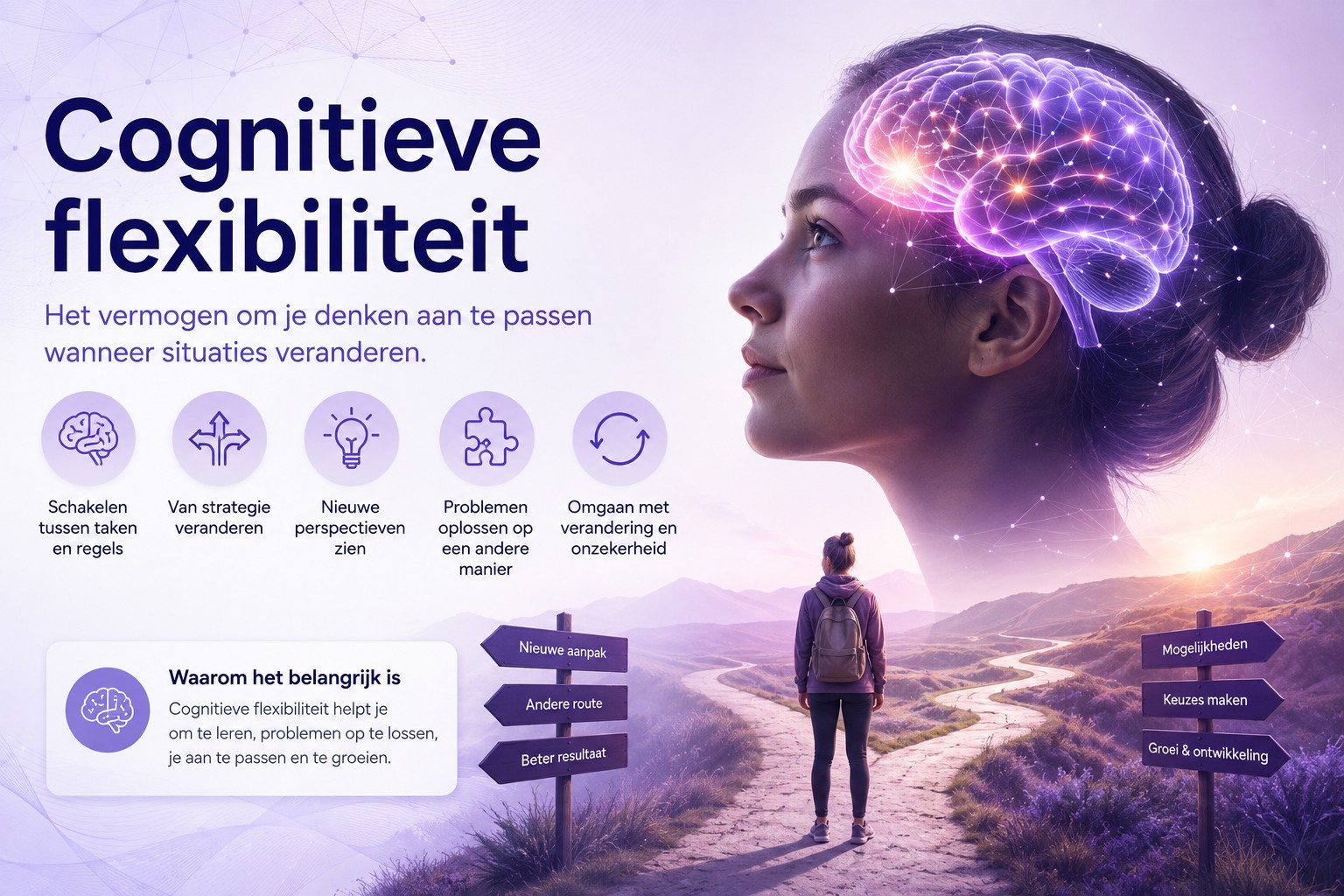 Illustratie van cognitieve flexibiliteit met schakelen tussen taken, strategieën aanpassen, probleemoplossing en flexibel denken