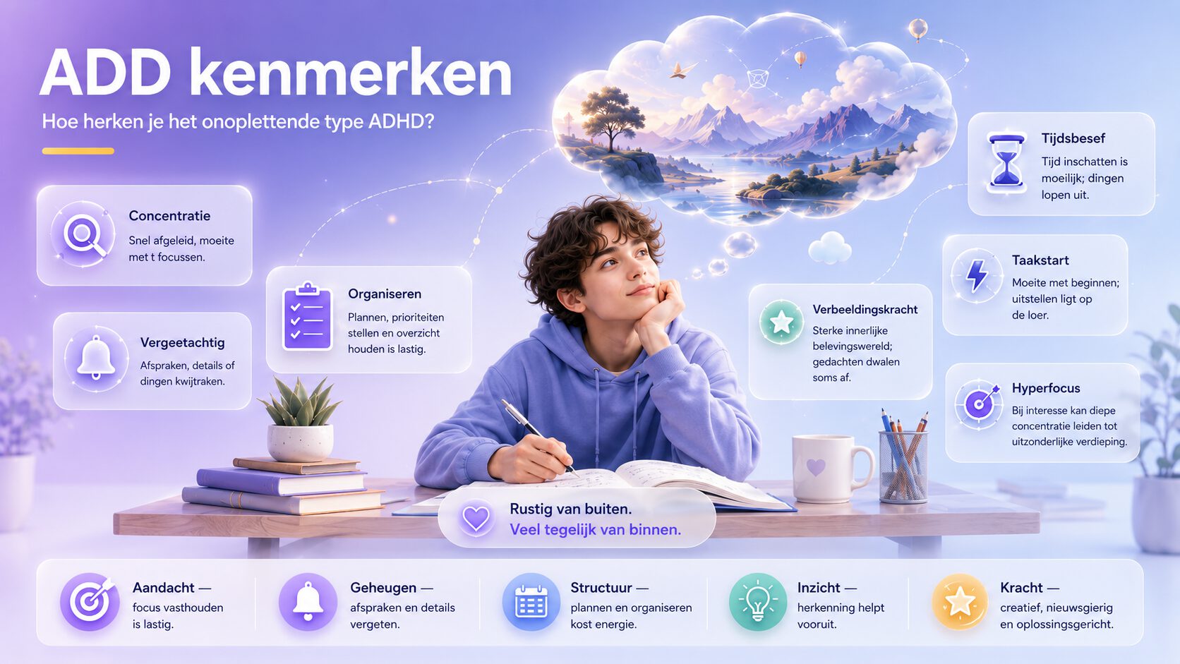 Overzicht van ADD-kenmerken: concentratie, geheugen, dagdromen, hyperfocus, verbeeldingskracht en tijdsbesef, rond een peinzende jongen aan een bureau