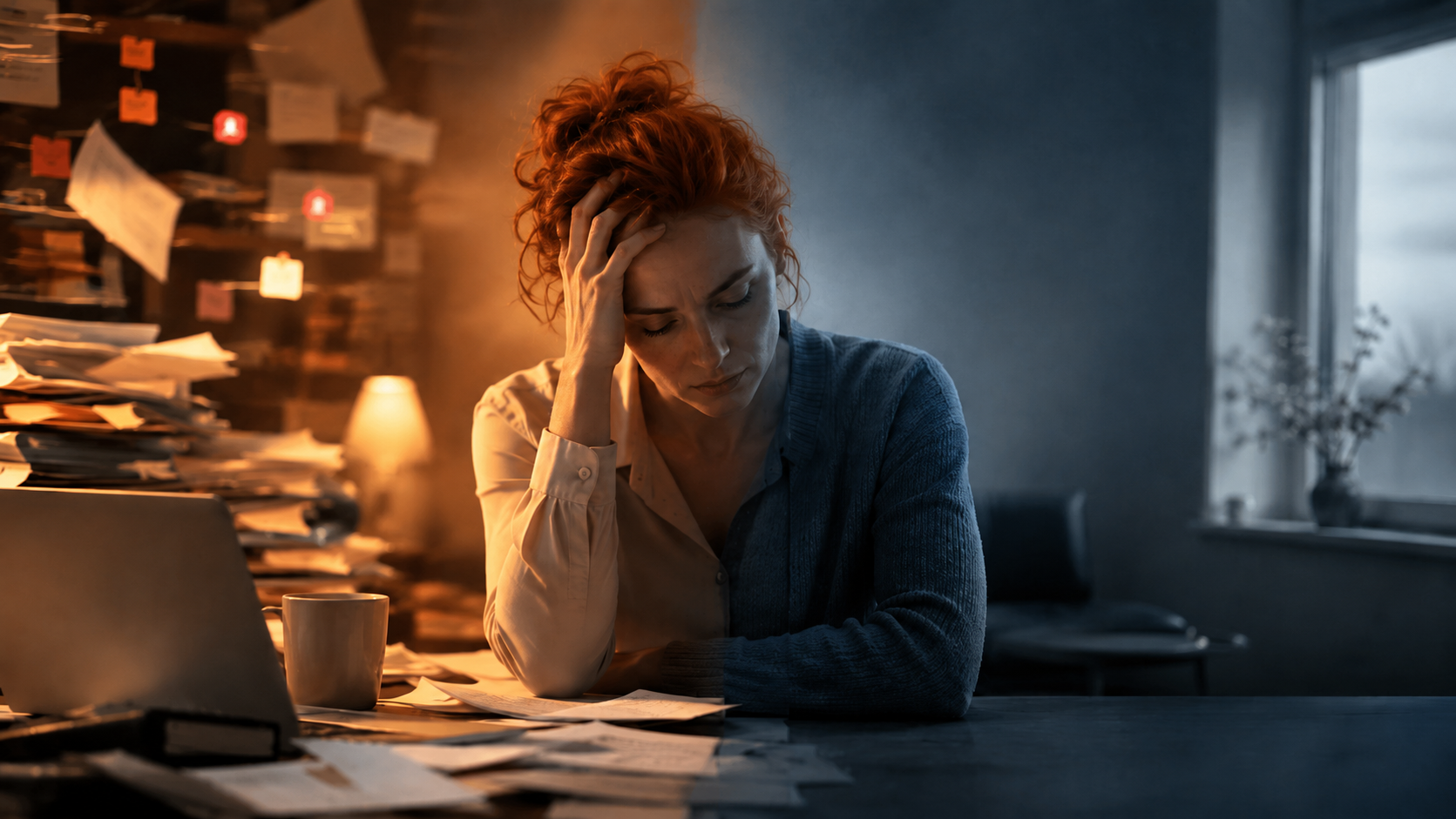 Vrouw tussen werkstress en somberheid als symbool voor het verschil tussen burn-out en depressie
