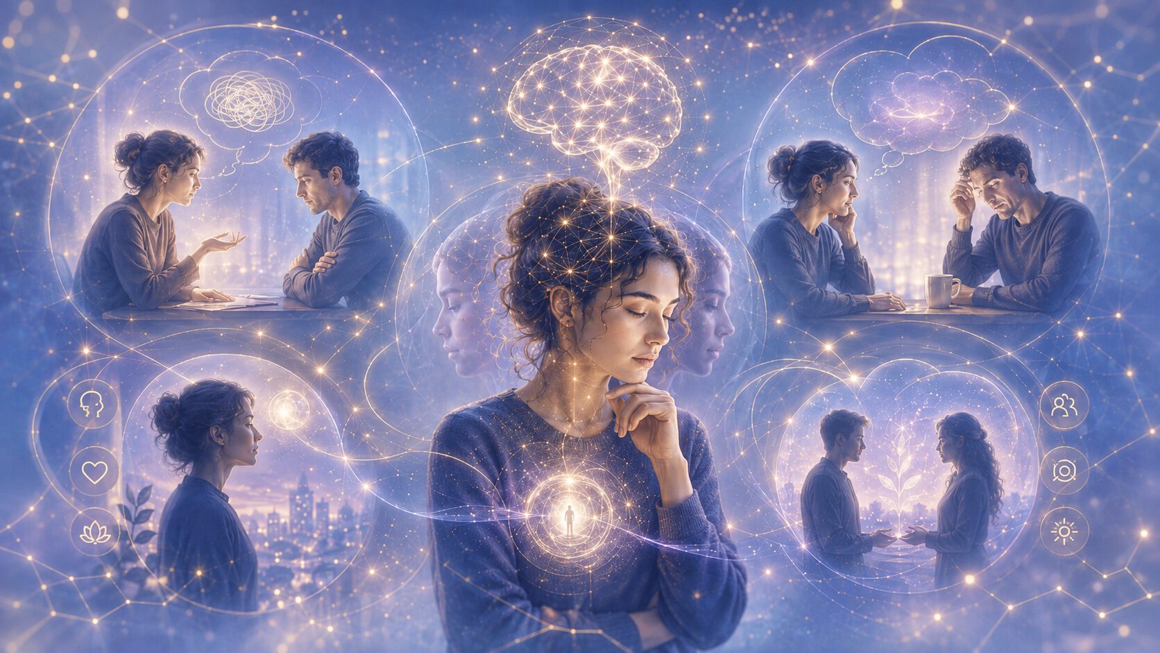 Vrouw kijkt naar binnen met een lichtgevend brein en meerdere gezichten, omringd door scènes van gesprekken waarin mensen elkaars perspectief proberen te begrijpen