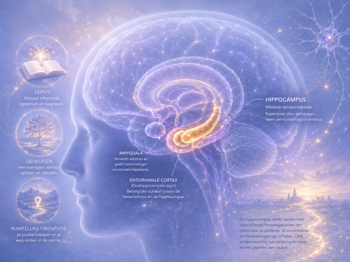 Hippocampus diep in de hersenen weergegeven, met verwijzingen naar geheugen, leren en ruimtelijke oriëntatie.