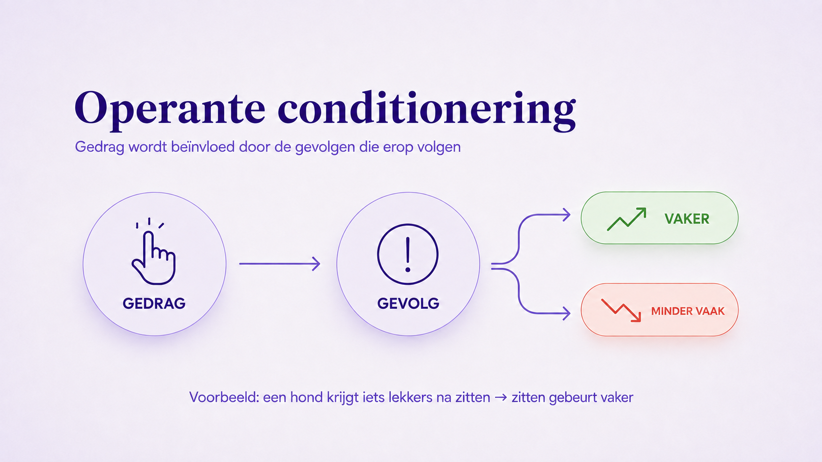 Schema van operante conditionering waarin gedrag via een gevolg vaker of minder vaak voorkomt.