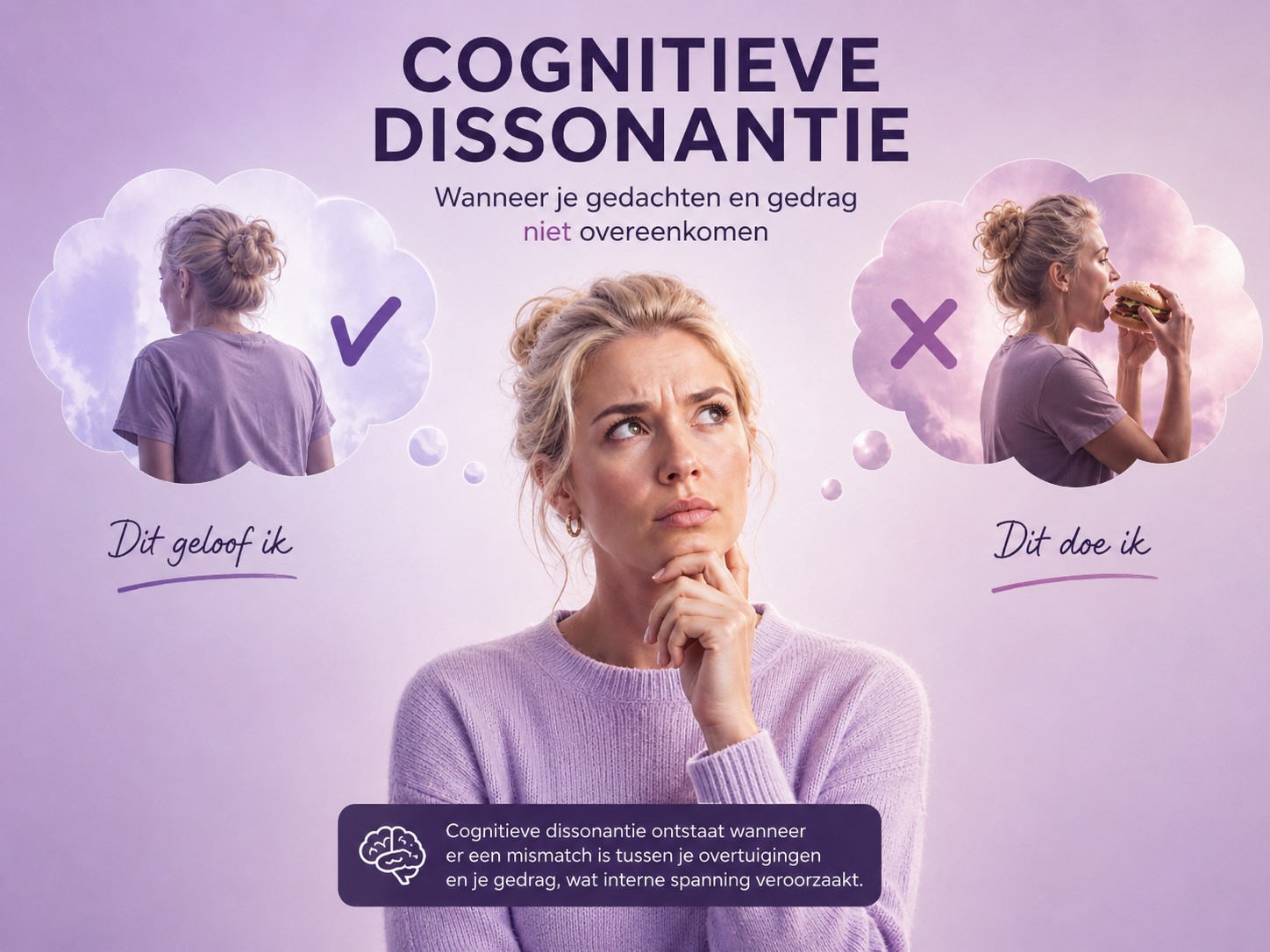Vrouw die twijfelt tussen haar overtuigingen en gedrag als illustratie van cognitieve dissonantie