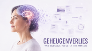 Illustratie van geheugenverlies met hersenen, hippocampus en vervagende herinneringen bij een volwassene
