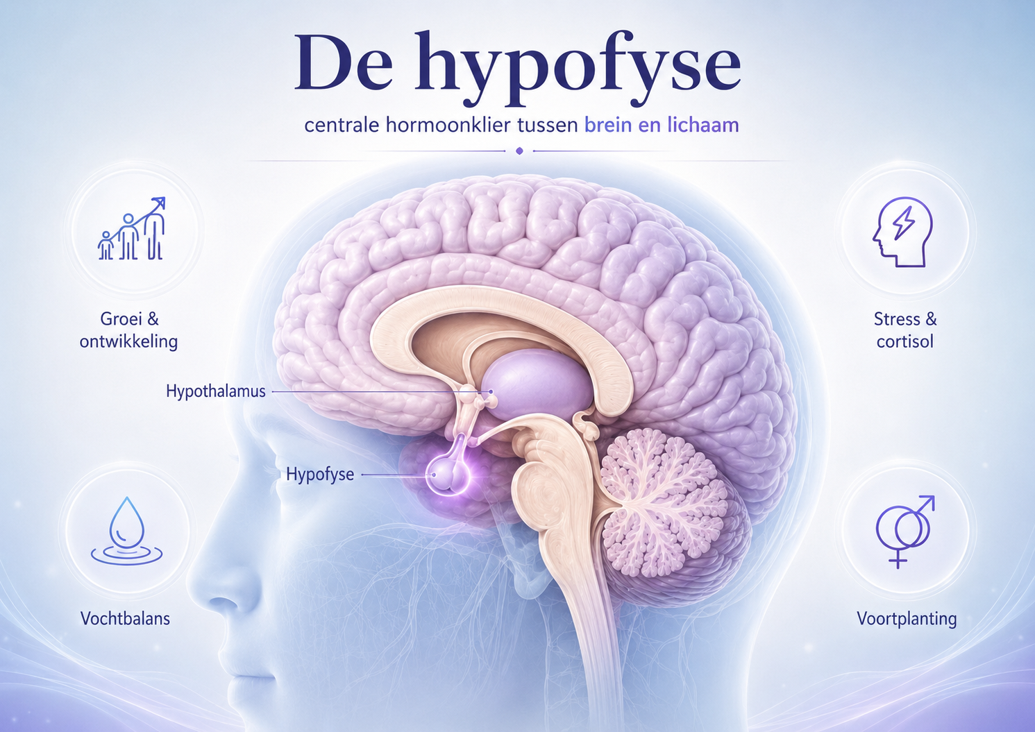 Illustratie van de hypofyse in de hersenen met de hypothalamus en functies zoals groei, stress, vochtbalans en voortplanting