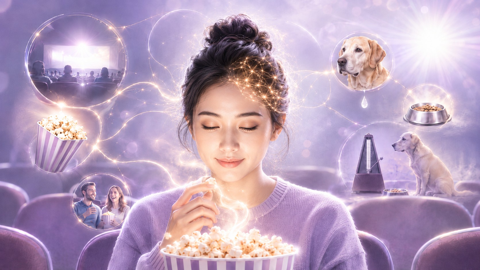 Vrouw in een bioscoop met visuele associaties tussen popcorn, een hond en aangeleerde reacties