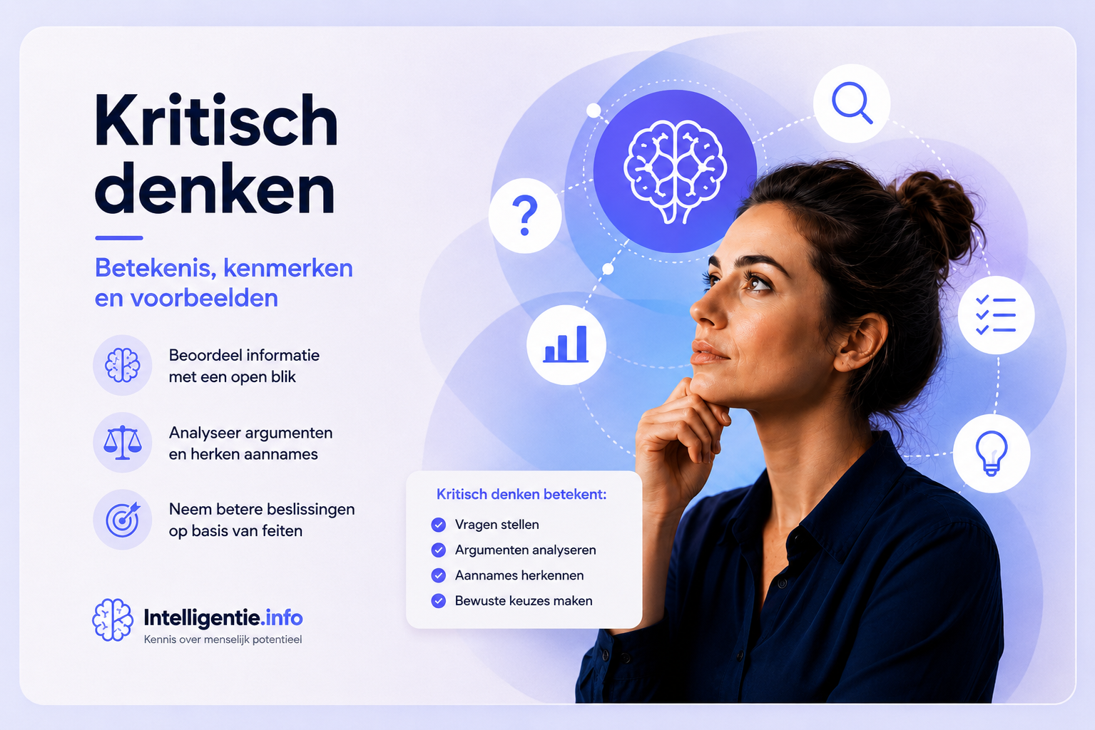 Vrouw die kritisch nadenkt met symbolen voor analyse, vragen stellen, argumenten beoordelen en bewuste keuzes maken