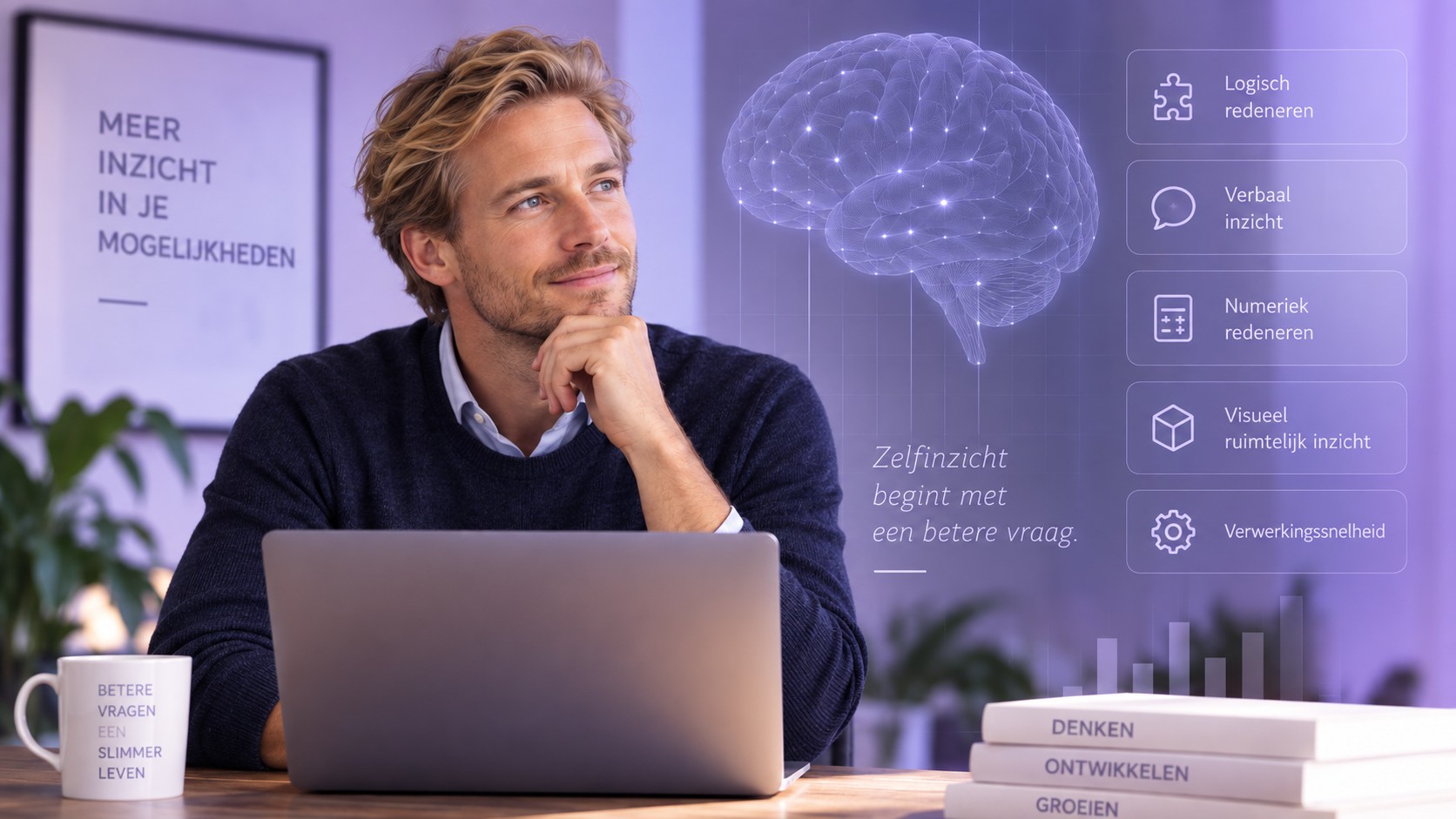 Blonde man doet een IQ test voor volwassenen met visualisaties van logisch, verbaal, numeriek en ruimtelijk redeneren