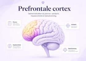 Illustratie van de prefrontale cortex met de vier kernfuncties: plannen, aandacht, impulscontrole en besluitvorming