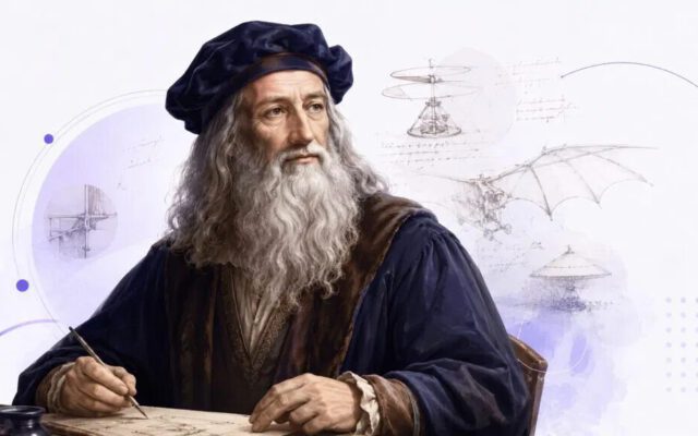 Illustratie van Leonardo da Vinci omringd door zijn technische schetsen, bij het artikel over het IQ van bekende mensen